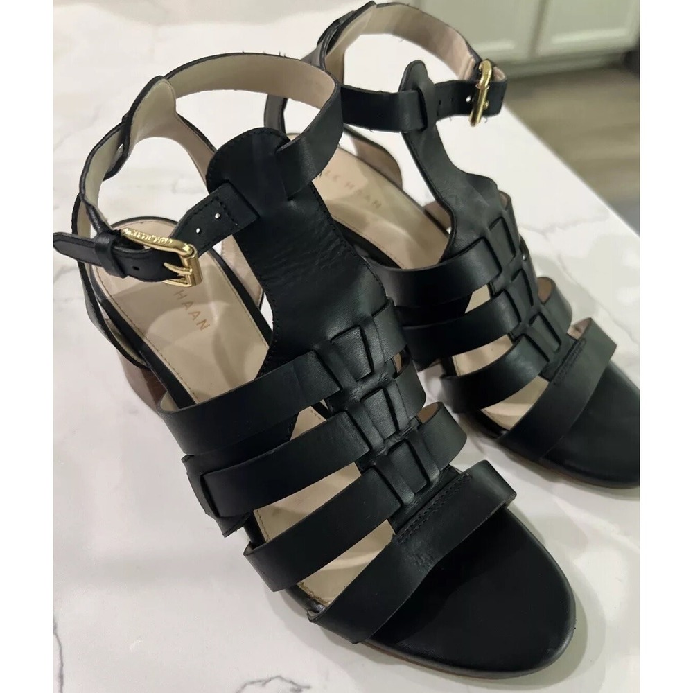 Cole Haan Black Leather Ankle Strap Block Heel Sandals W17383 Womens 6.5B